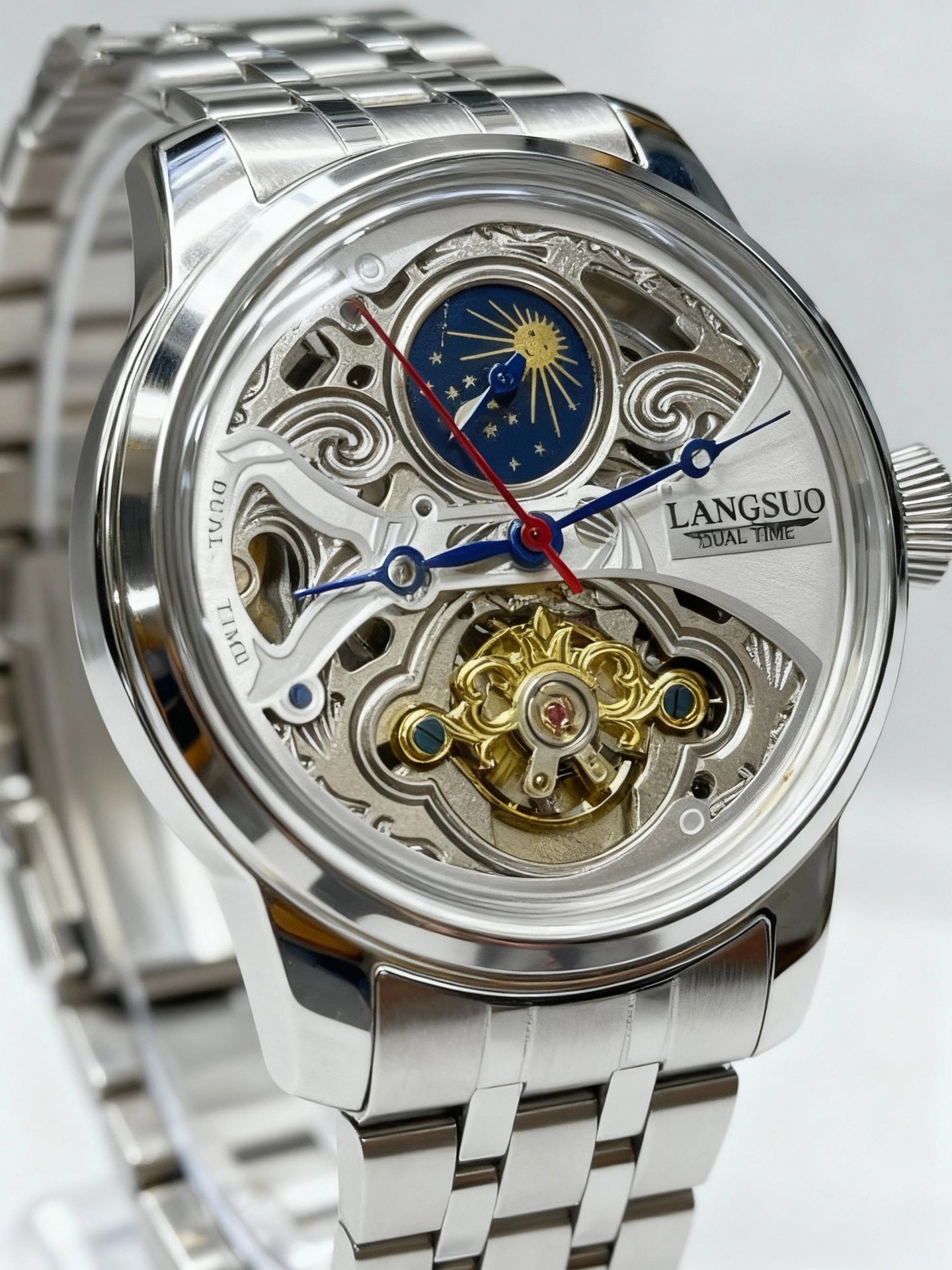 Mens Openwork Moon Phase Tourbillon Automatic Mechanical Watch