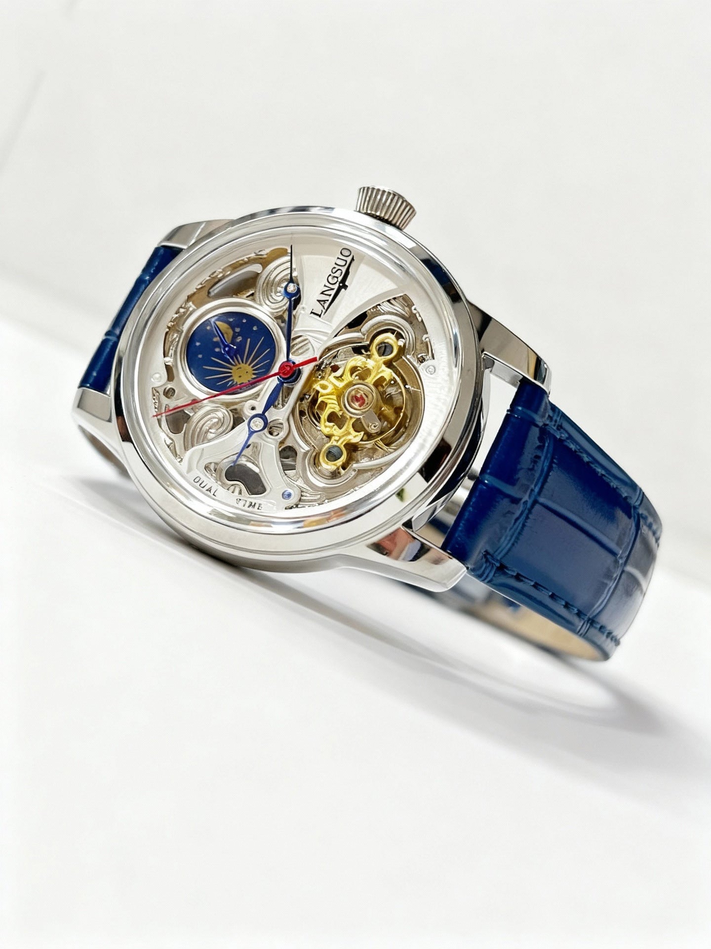 Mens Openwork Moon Phase Tourbillon Automatic Mechanical Watch