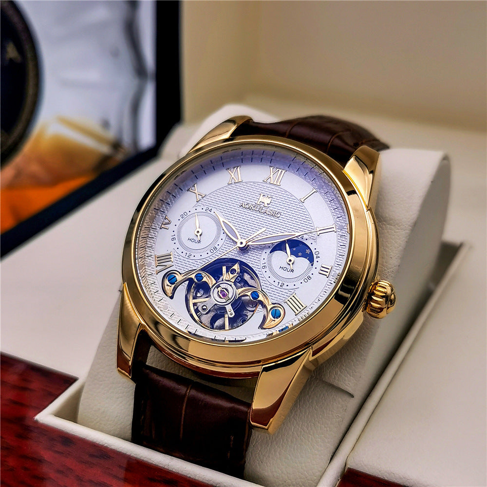 Mens Fashion Luminous Hollow-Out Casual Semi-Automatic Mechanical Watch