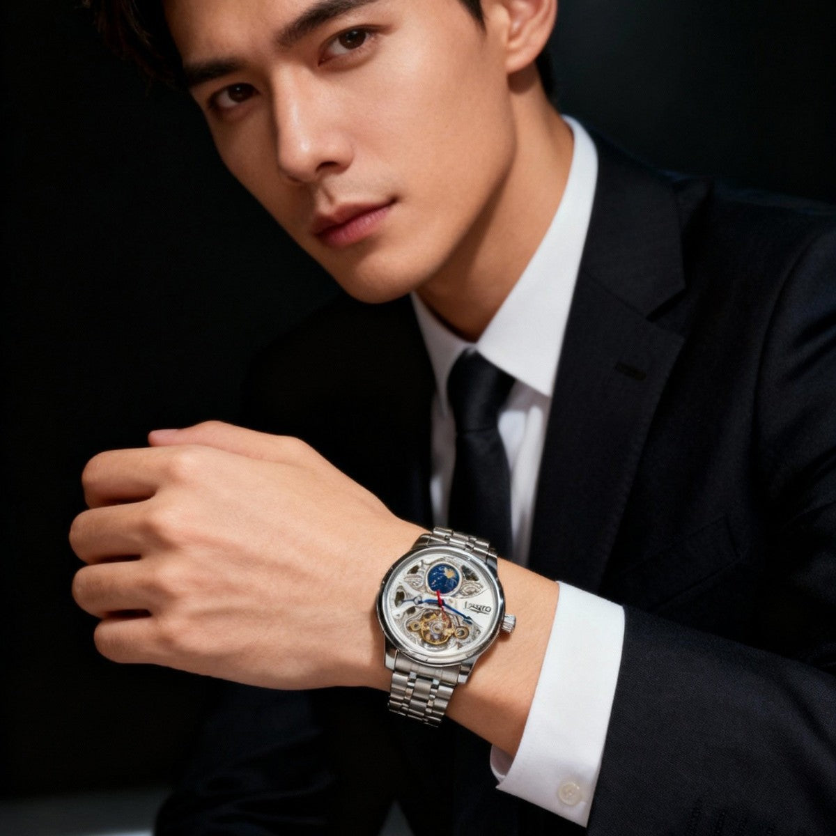 Mens Openwork Moon Phase Tourbillon Automatic Mechanical Watch