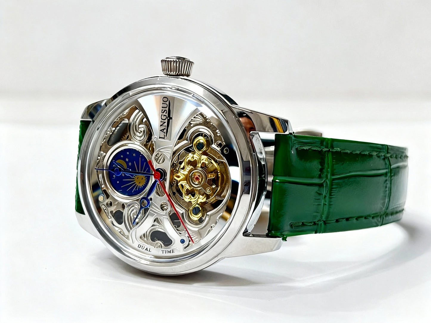 Mens Openwork Moon Phase Tourbillon Automatic Mechanical Watch