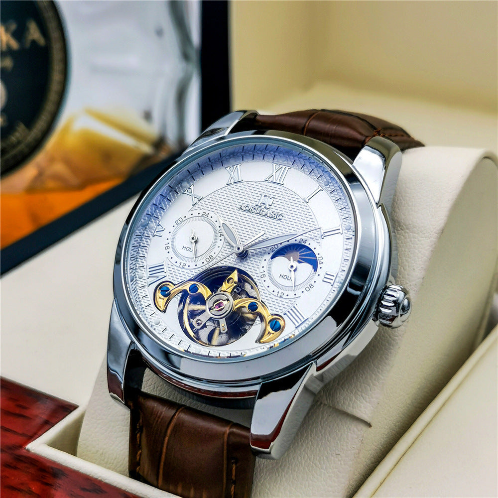 Mens Fashion Luminous Hollow-Out Casual Semi-Automatic Mechanical Watch