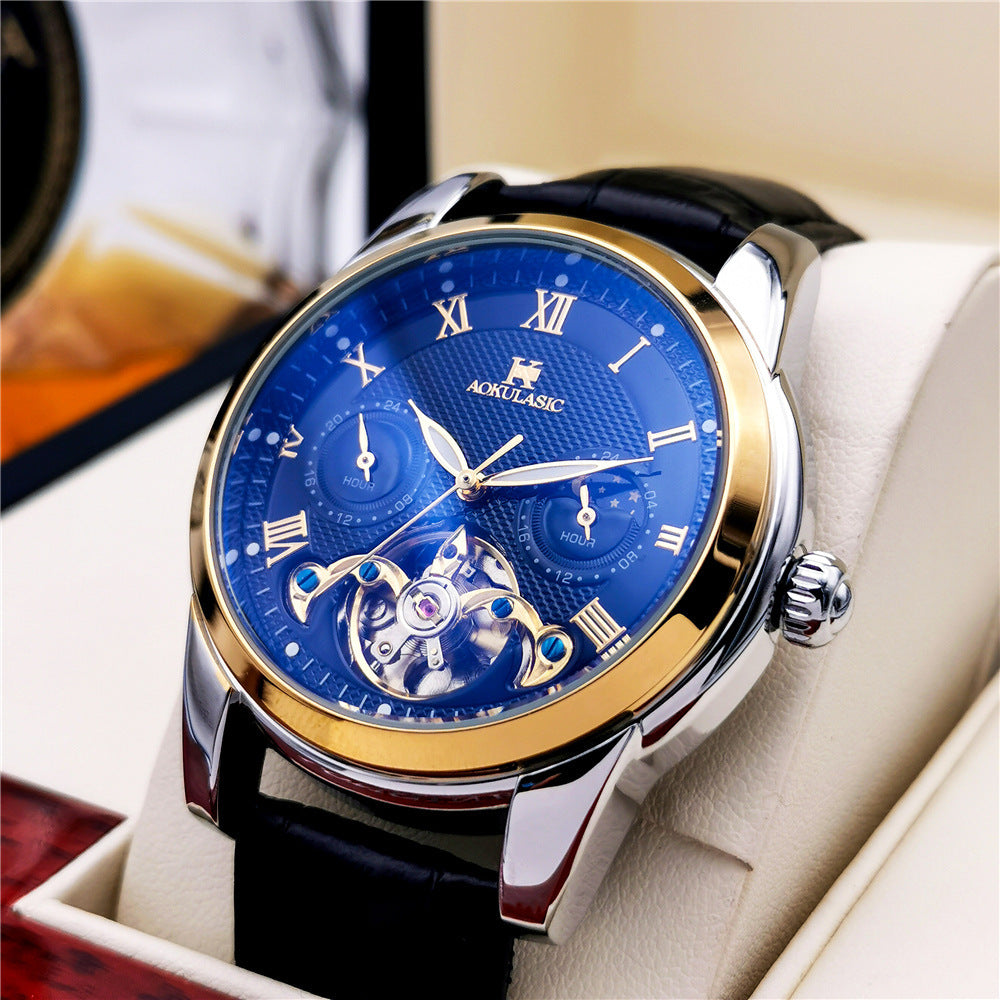 Mens Fashion Luminous Hollow-Out Casual Semi-Automatic Mechanical Watch