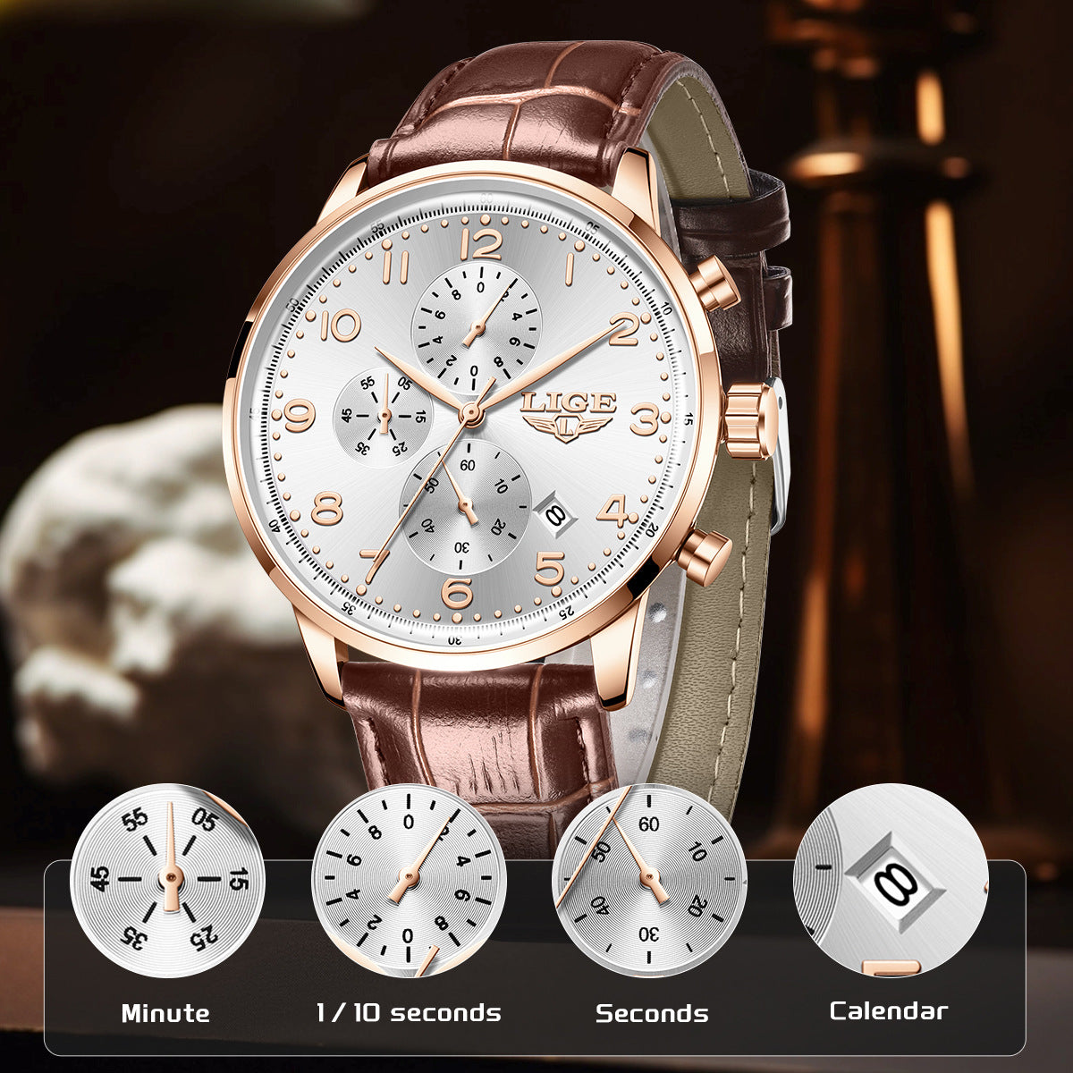 Multifunctional Calendar Leather Belt Waterproof Mens Business Mechanical Watch