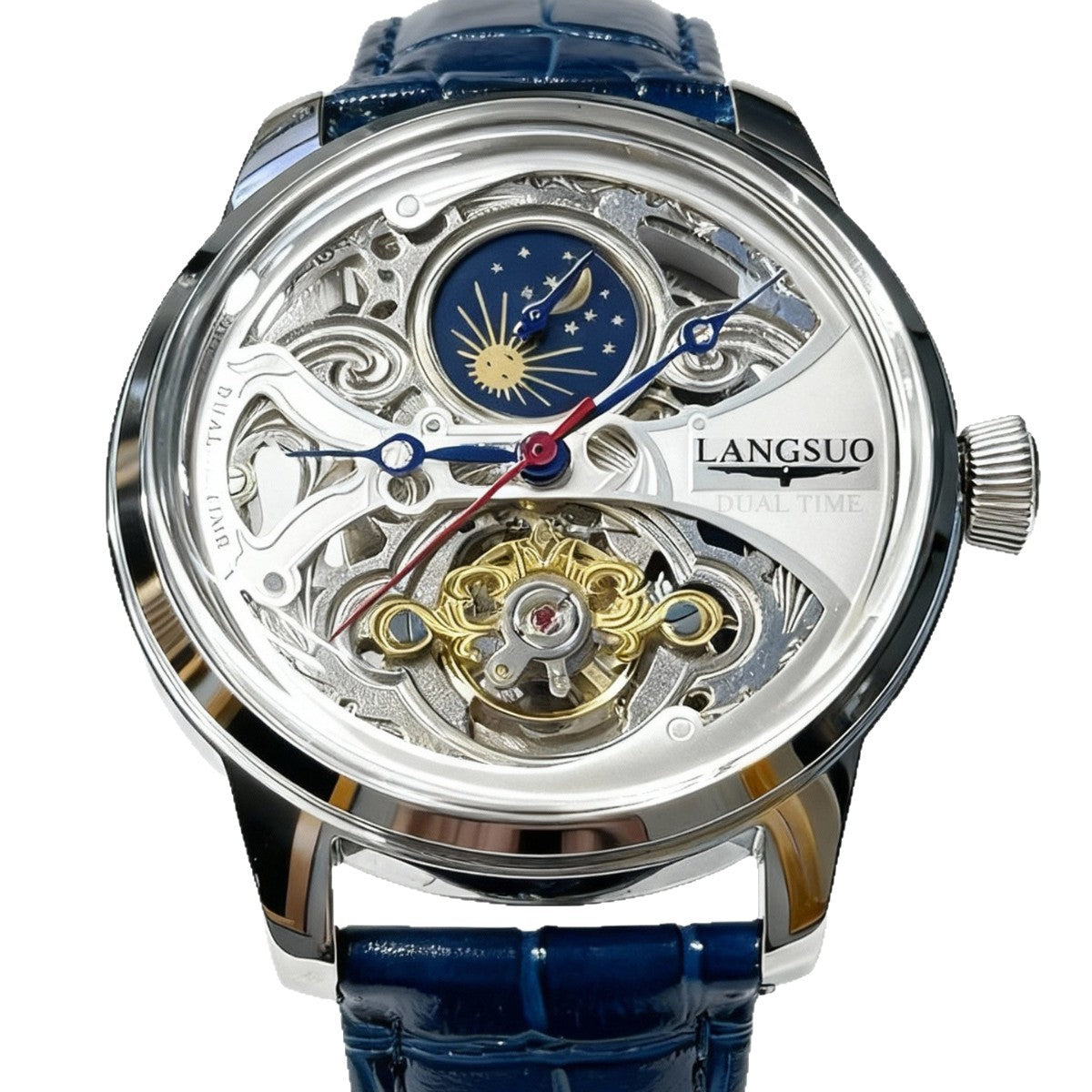 Mens Openwork Moon Phase Tourbillon Automatic Mechanical Watch